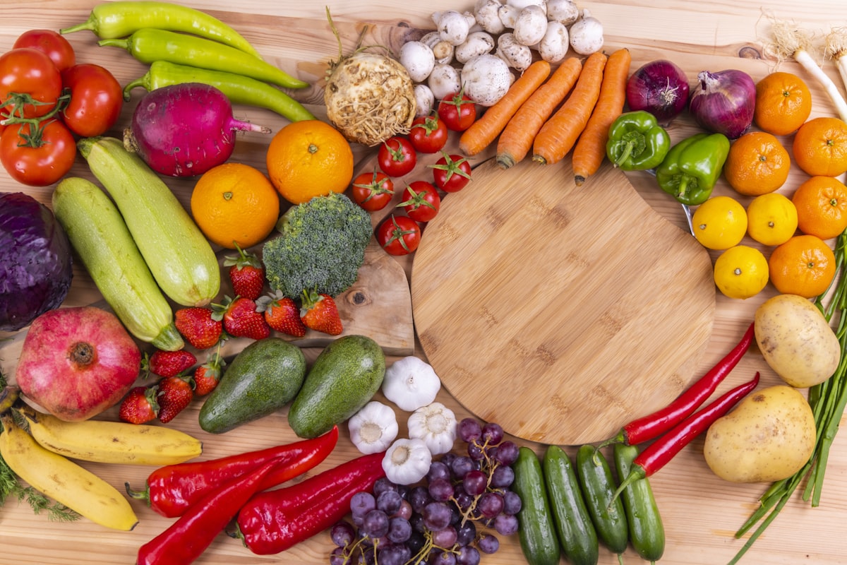 Assorted fresh vegetables in baskets